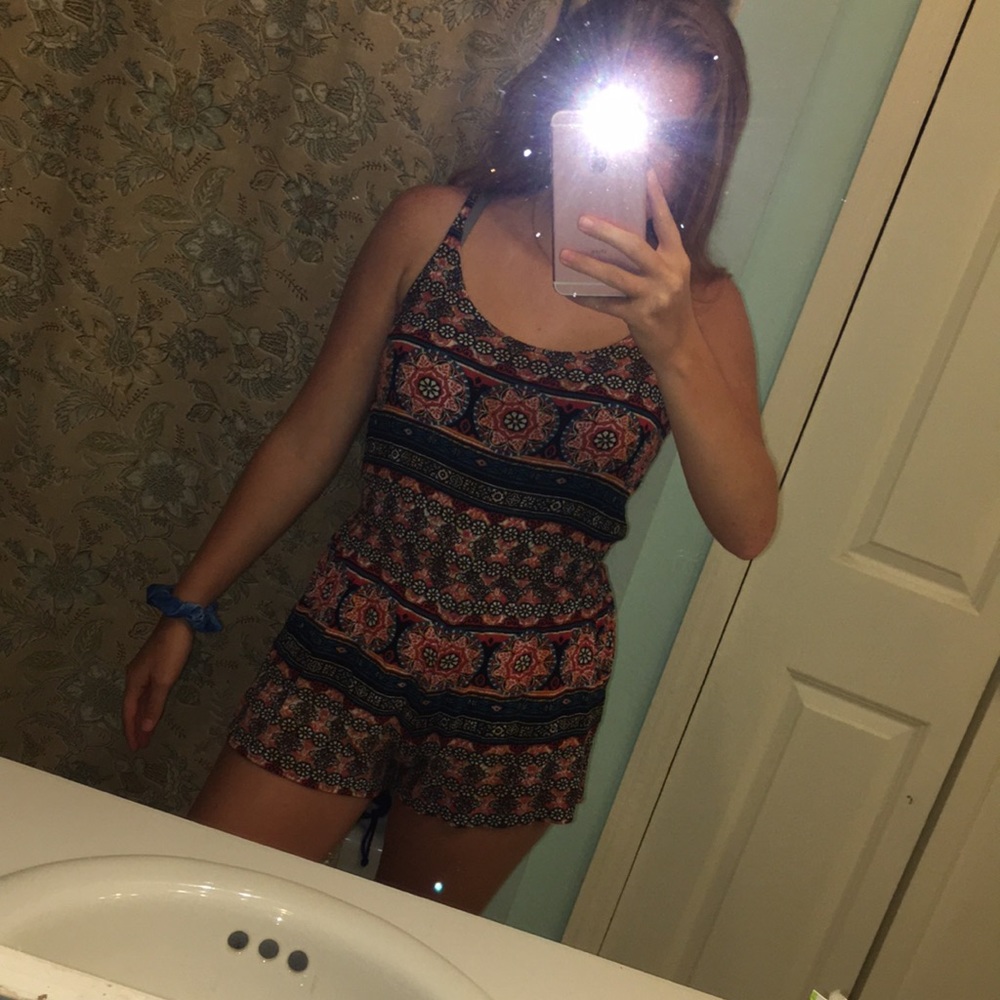 Super cute navy and coral patterned Romper